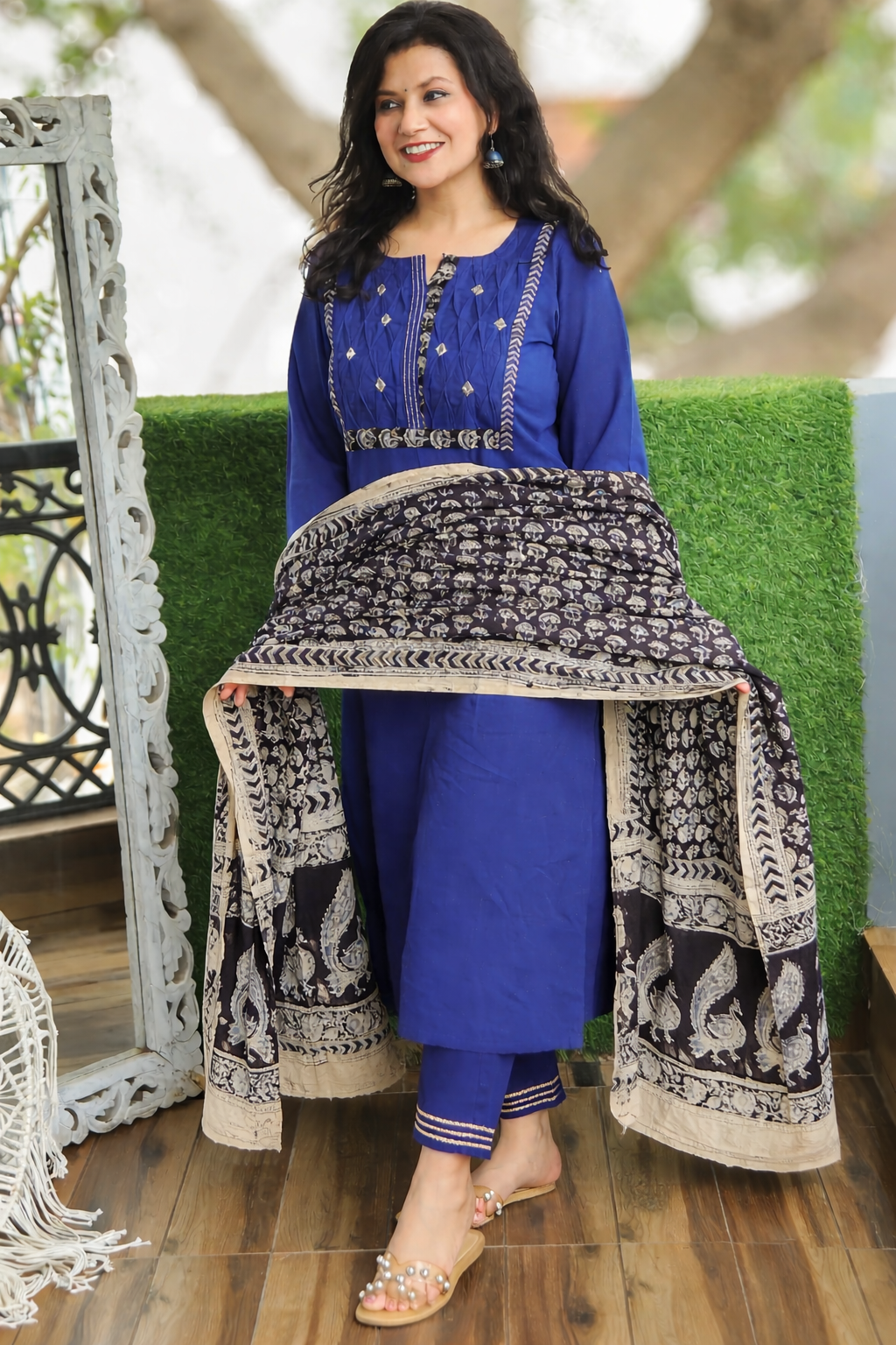 Jessica Navy Blue Pintuck Cotton 3 Piece Set