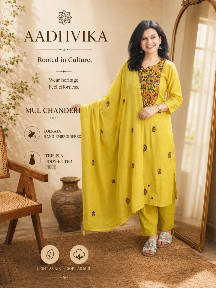 Aadhvika Minty Yellow Kolkata Hand Embroidered Set