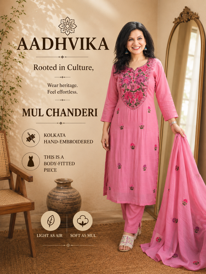 Aadhvika Lilly Pink Kolkata Hand Embroidered Set