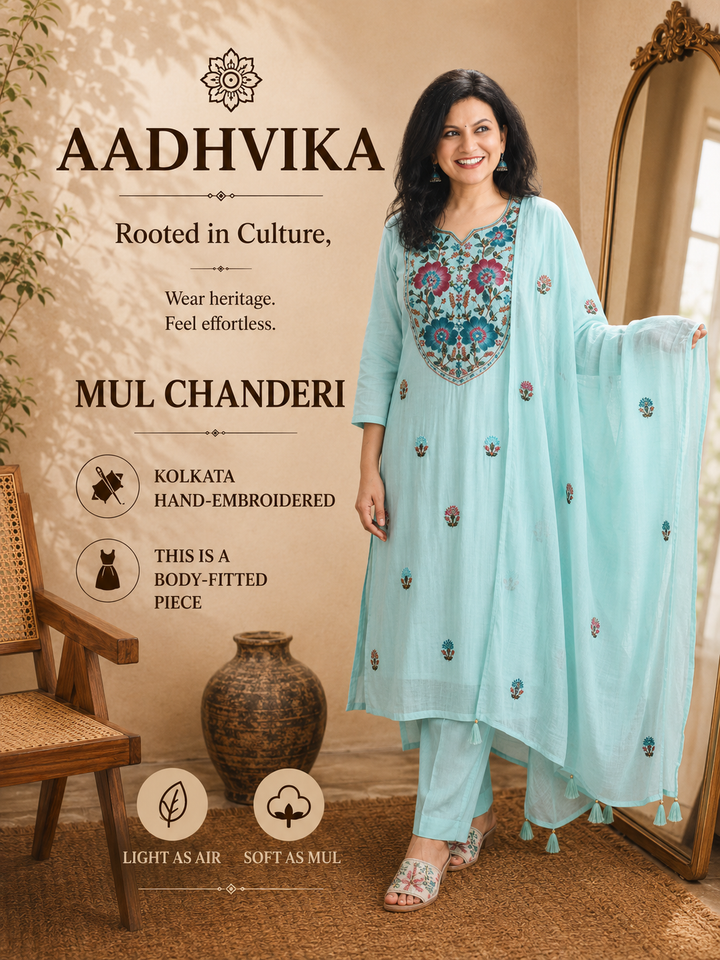 Aadhvika Powder Blue Kolkata Hand Embroidered Set