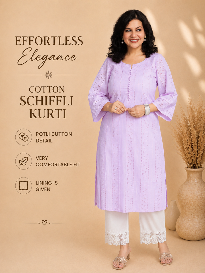 Aisha Tulip Lilac Potli Button Cotton Schiffli Kurti