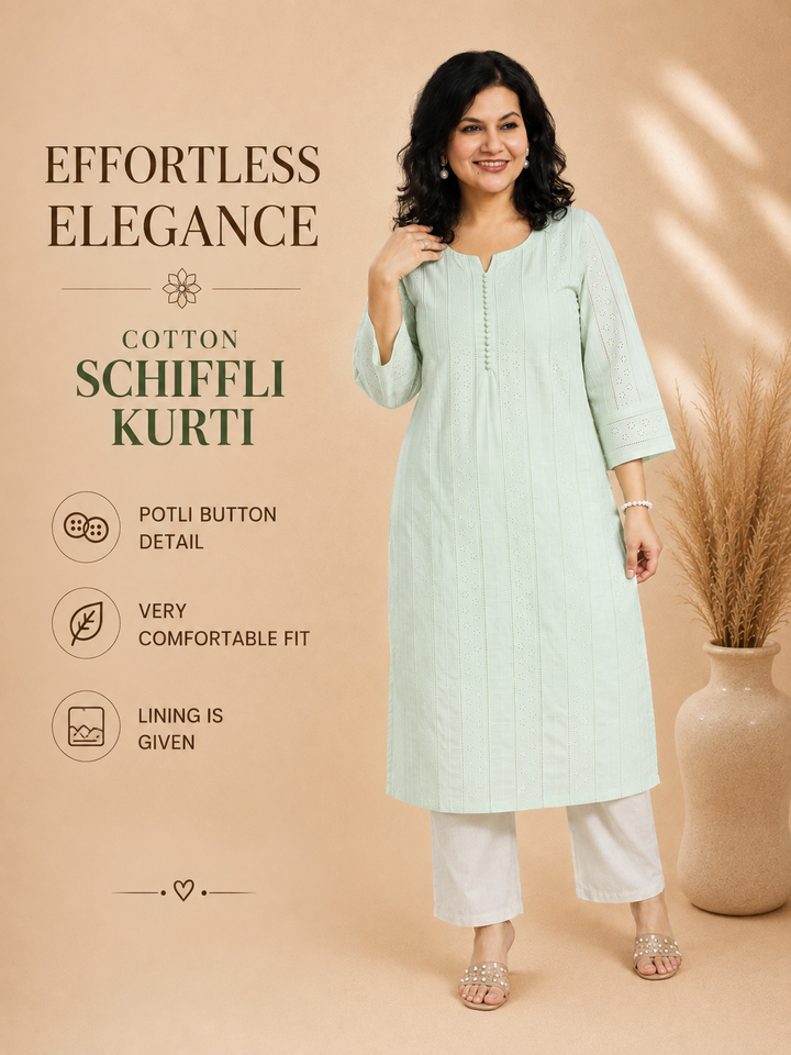 Aisha Pista Sage Potli Button Cotton Schiffli Kurti