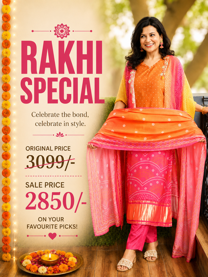 Meera Orange Pink Embellish Bandhani Muslin 3 Piece Set