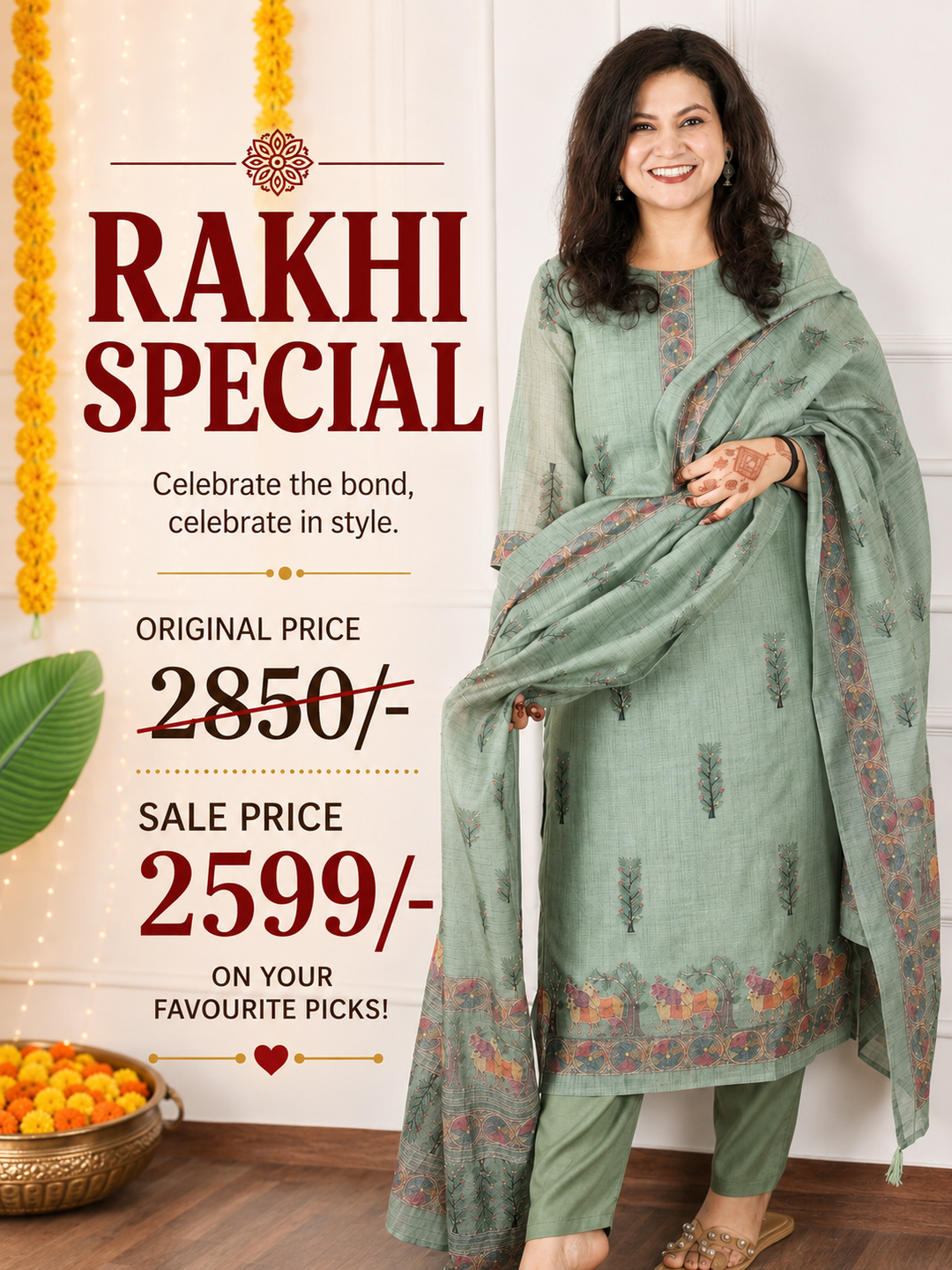 Kavish Fern Green Printed Hem with Kantha Work Detailing Chanderi 3 Piece Set