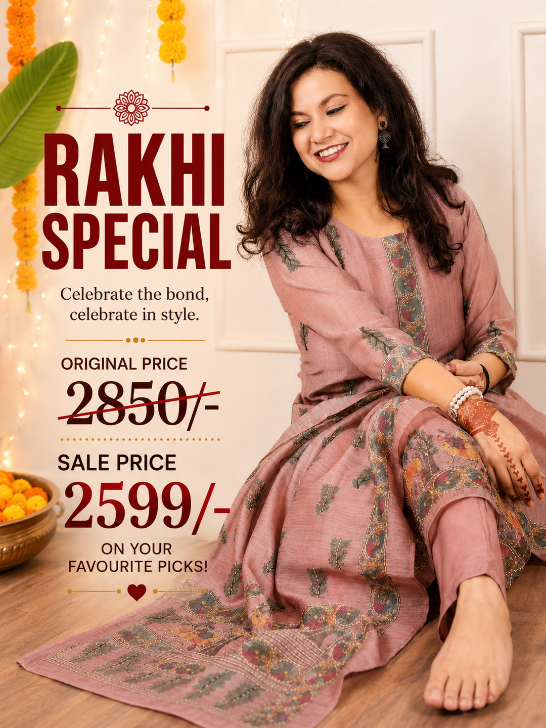 Kavish Soft Mauve Printed Hem with Kantha Work Detailing Chanderi 3 Piece Set