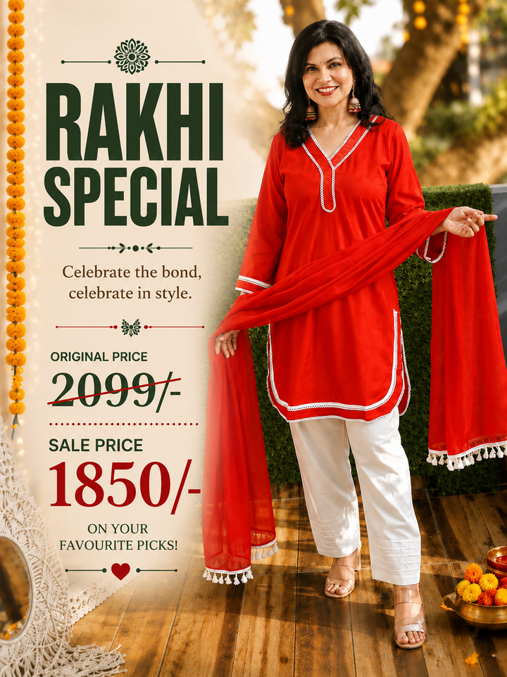 Ahana Reddish Orange Lace Work Farsi Cotton 3 Piece Set