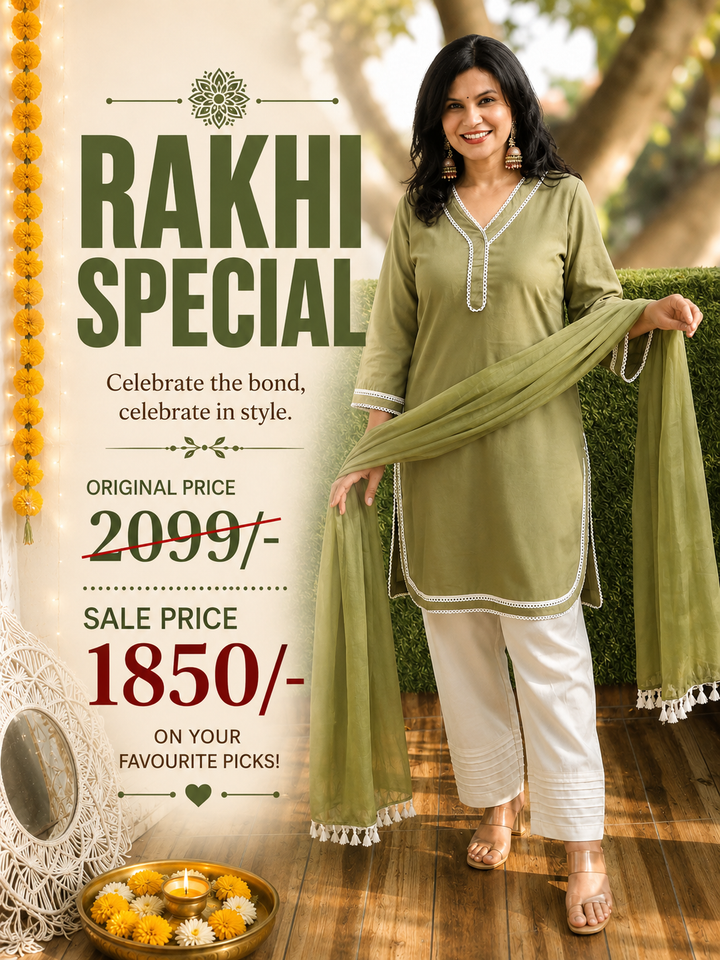 Ahana Sage Green Lace Work Farsi Cotton 3 Piece Set
