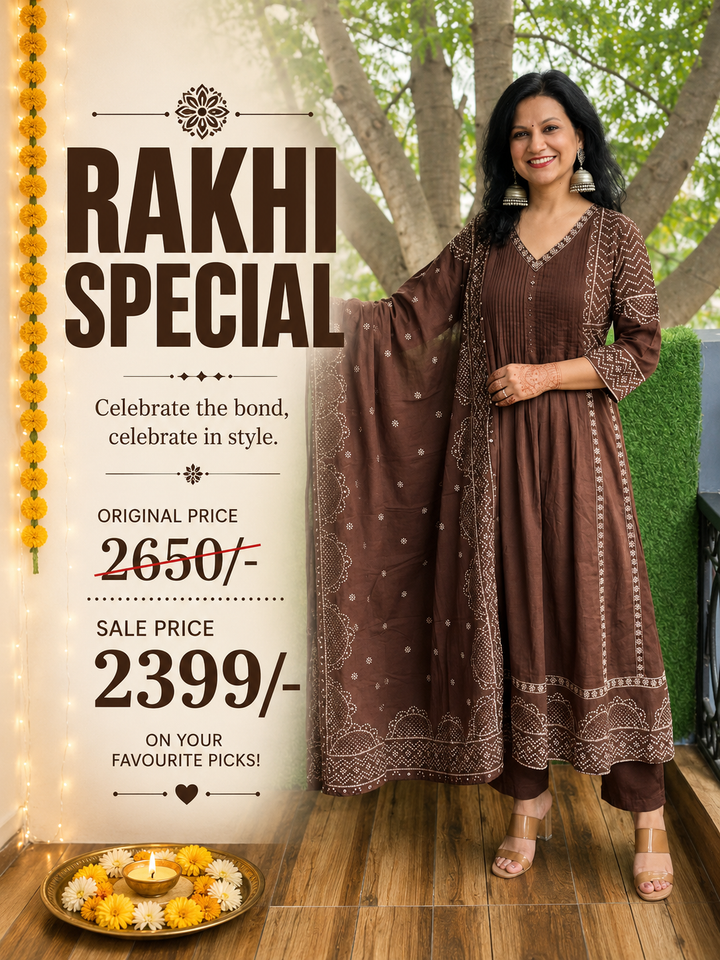 Rashi Choco Brown Bandhani Gathered Cotton 3 PIece Set
