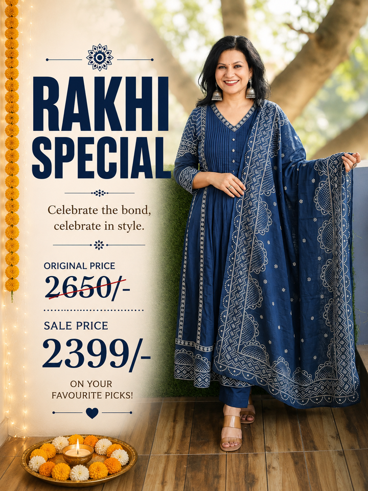 Rashi Blue Bandhani Gathered Cotton 3 PIece Set