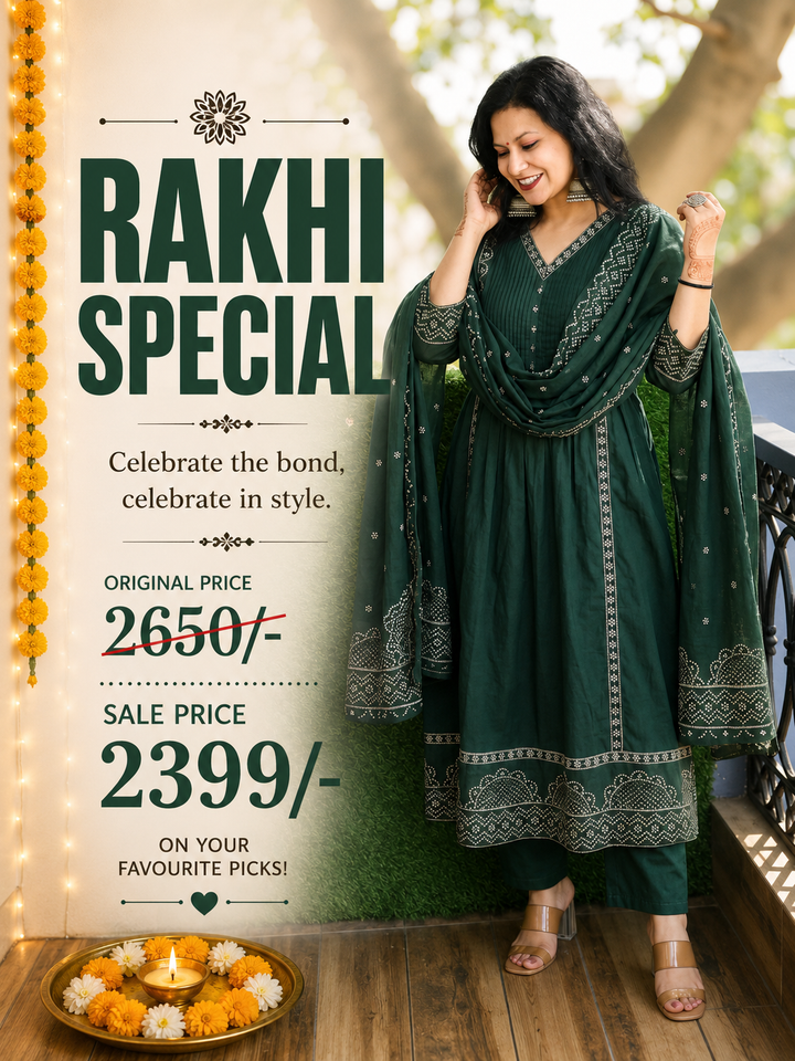 Rashi Sac. Green Bandhani Gathered Cotton 3 PIece Set