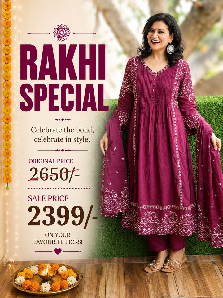 Rashi Wine Purple Bandhani Gathered Cotton 3 PIece Set