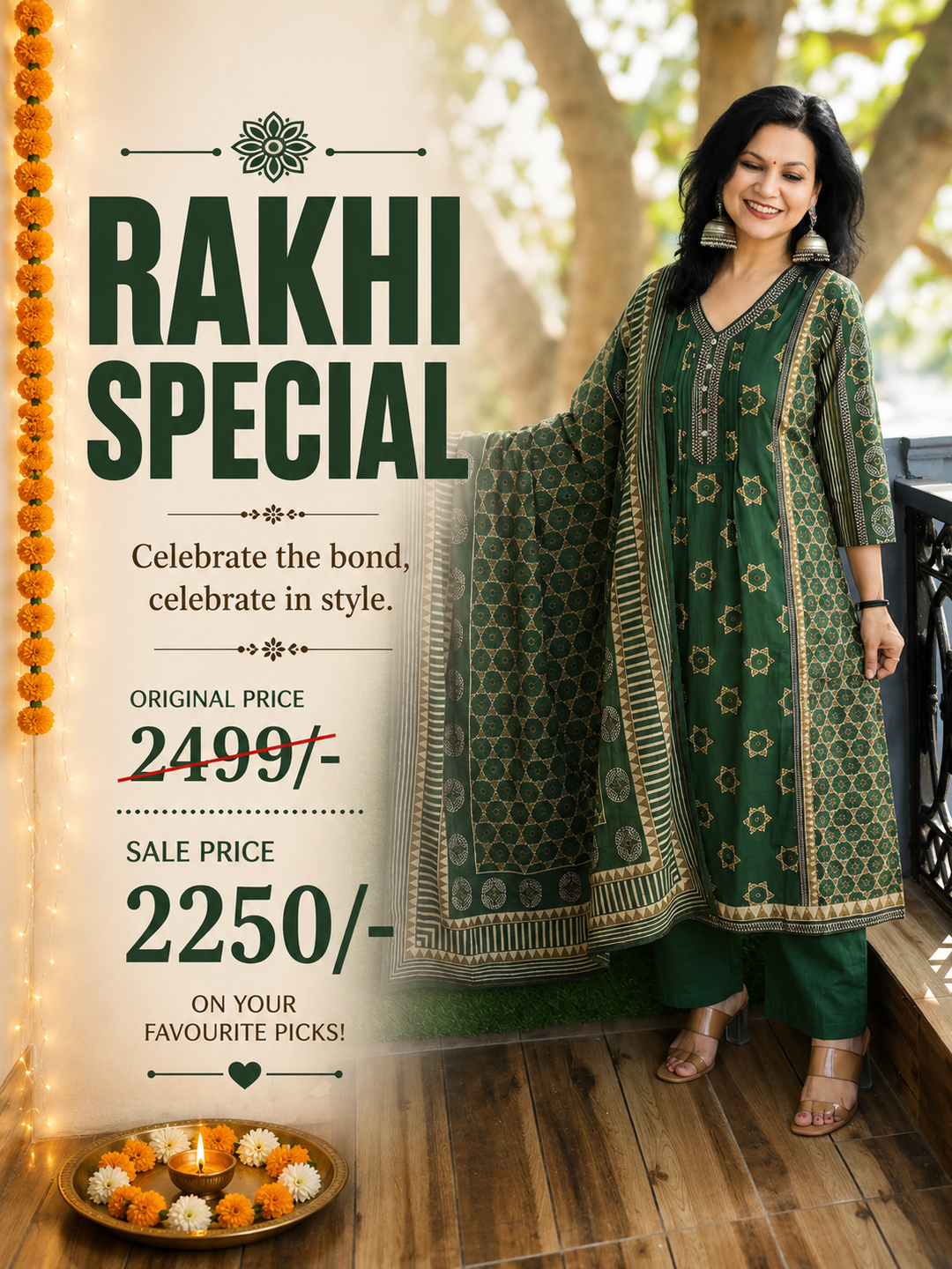 Latika Green V Neck Panel Style Cotton 3 Piece Set
