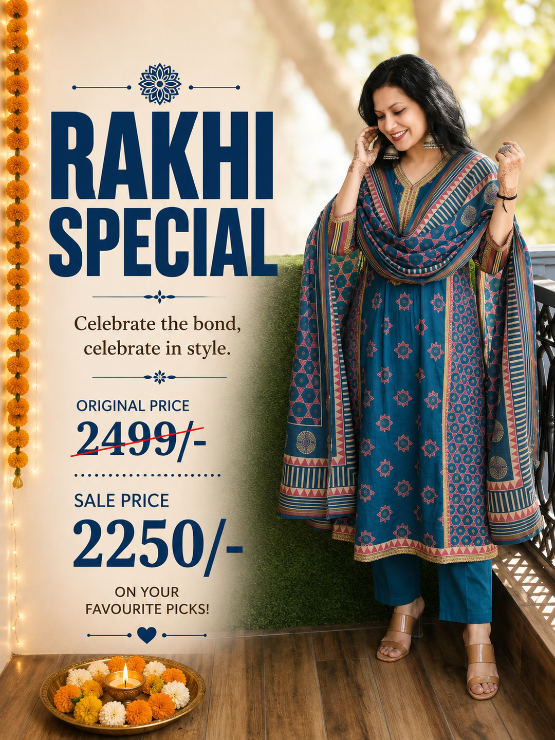 Latika Blue V Neck Panel Style Cotton 3 Piece Set