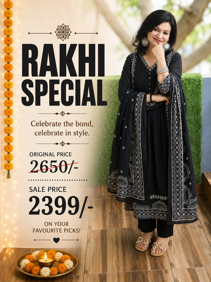 Rashi Black Bandhani Gathered Cotton 3 PIece Set