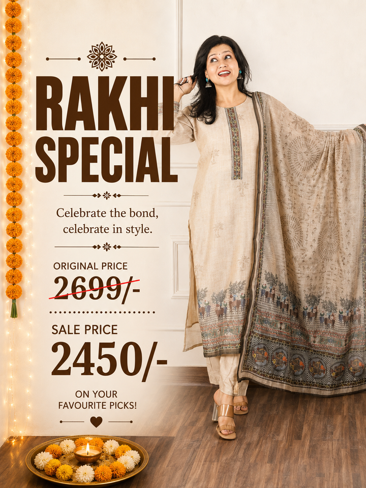 Kavish Sand Beige Kolkata Hand Kantha work Madhubani Printed Chanderi 3 Piece Set
