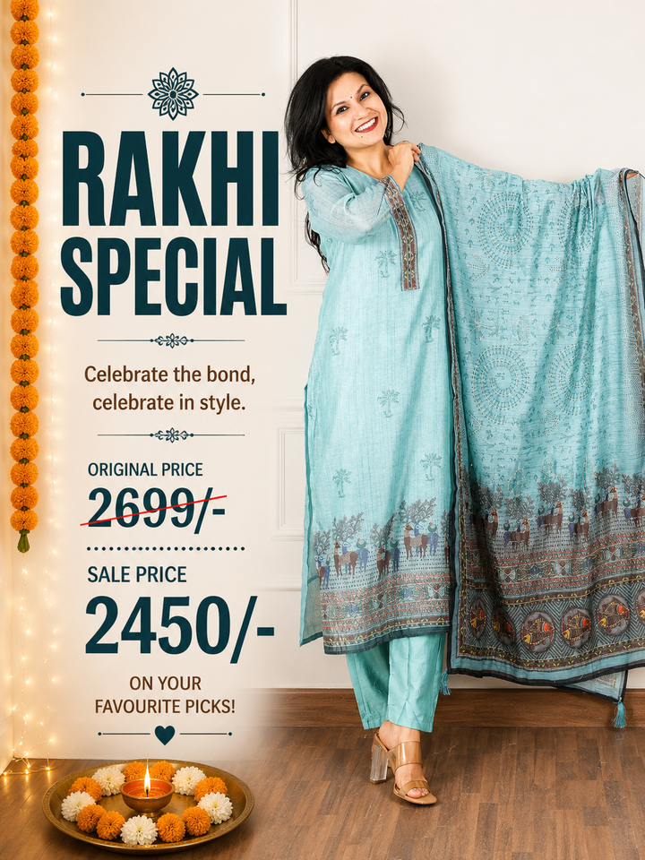 Kavish Crystel Aqua Kolkata Hand Kantha work Madhubani Printed Chanderi 3 Piece Set