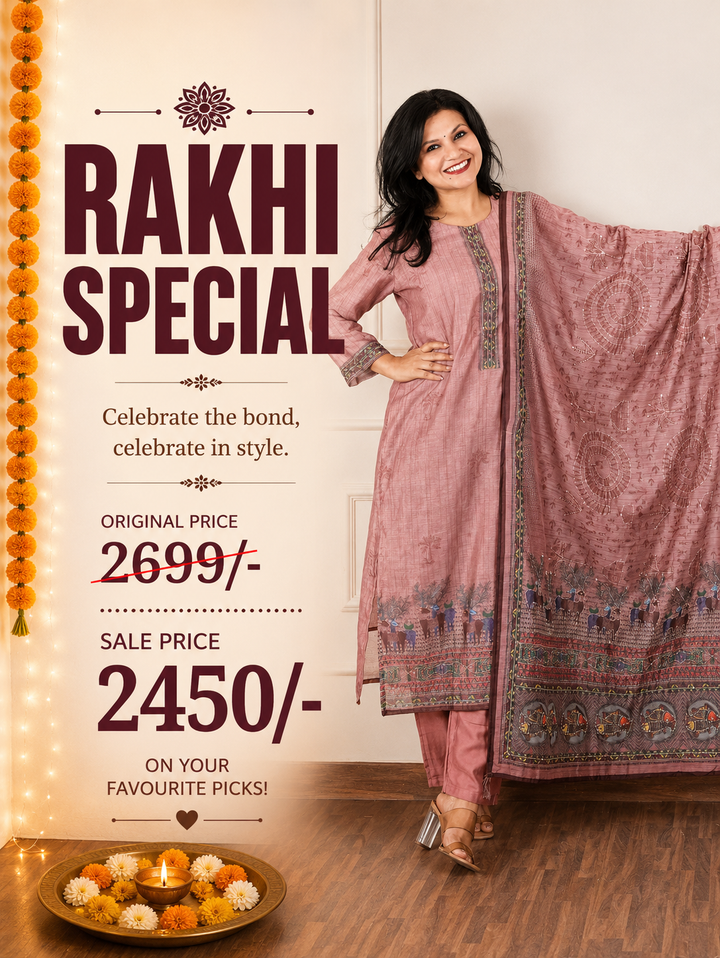 Kavish Mauve Blush Kolkata Hand Kantha work Madhubani Printed Chanderi 3 Piece Set