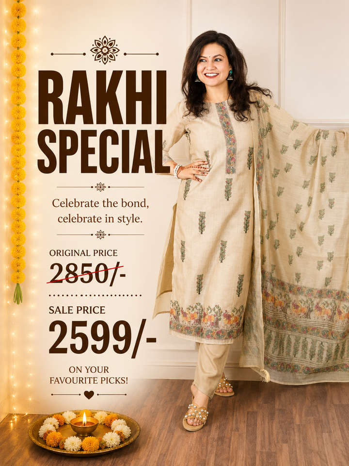 Kavish Sand Beige Printed Hem with Kantha Work Detailing Chanderi 3 Piece Set