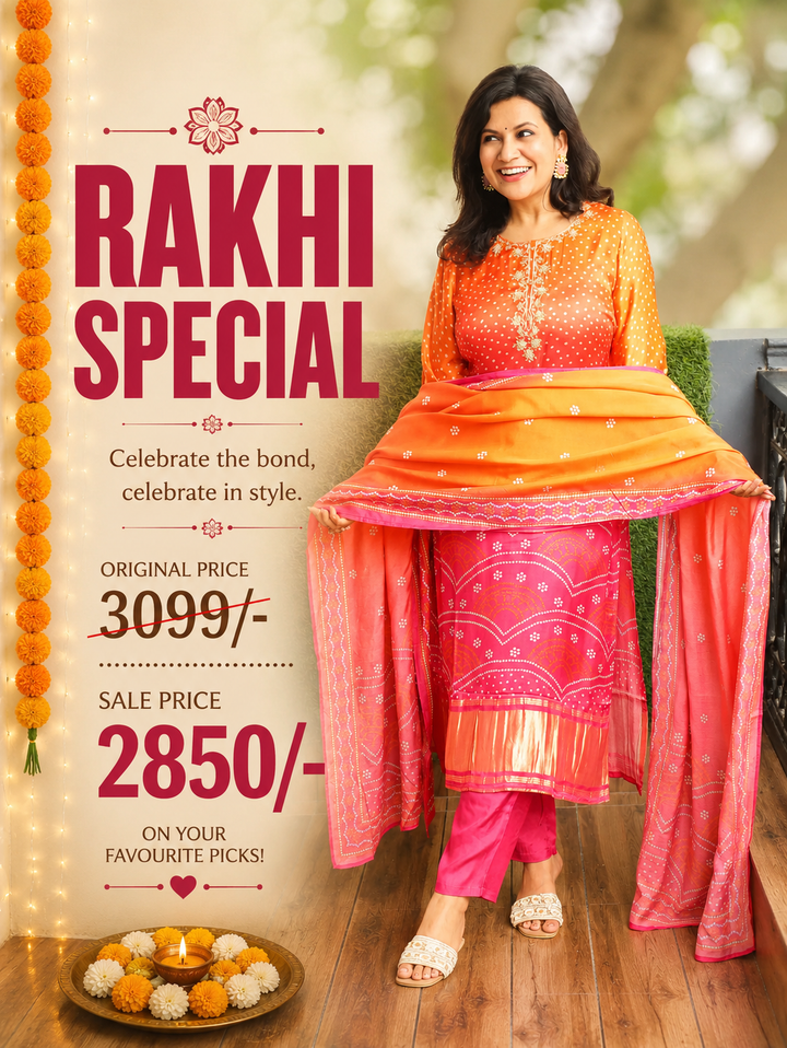 Meera Orange Pink Embellish Bandhani Muslin 3 Piece Set
