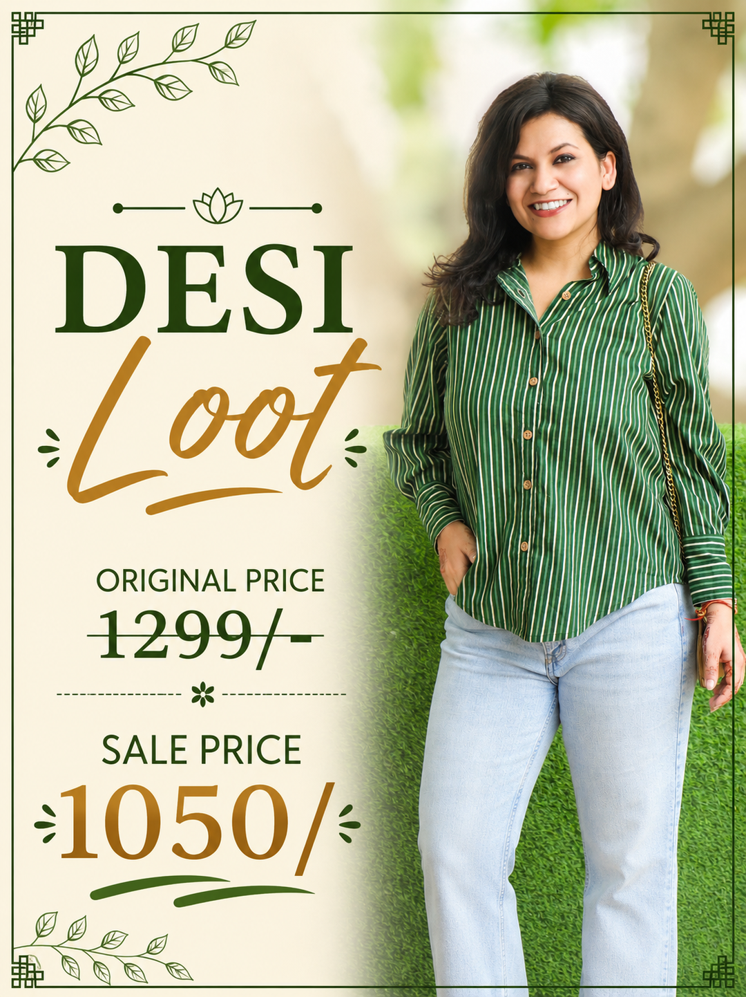 Himani Forest Green Stripe Print Wood Button Cotton Shirt