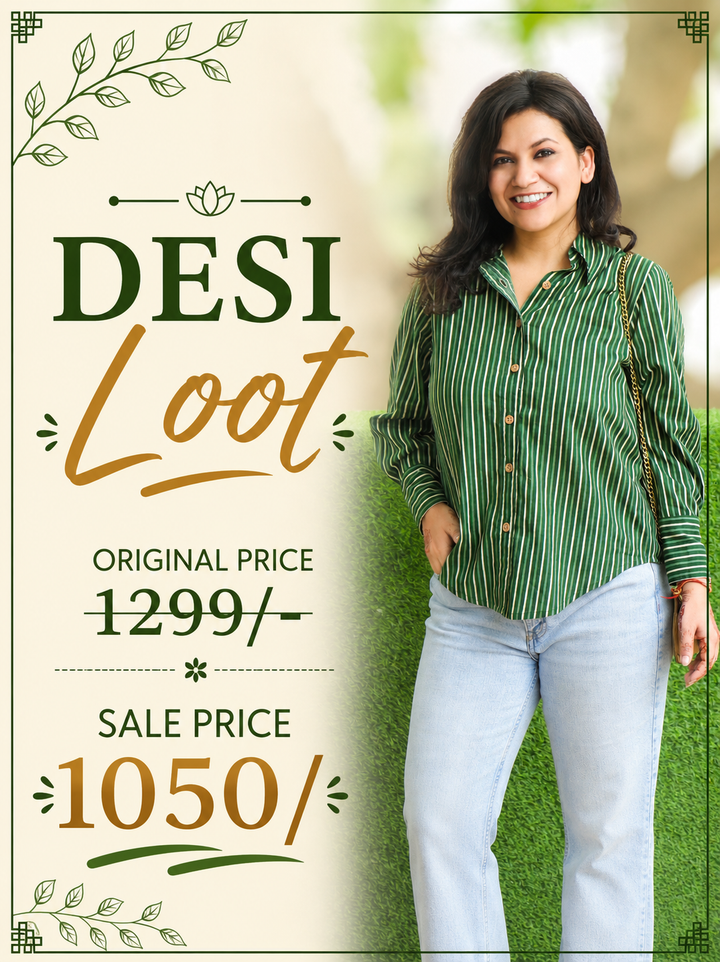 Himani Forest Green Stripe Print Wood Button Cotton Shirt