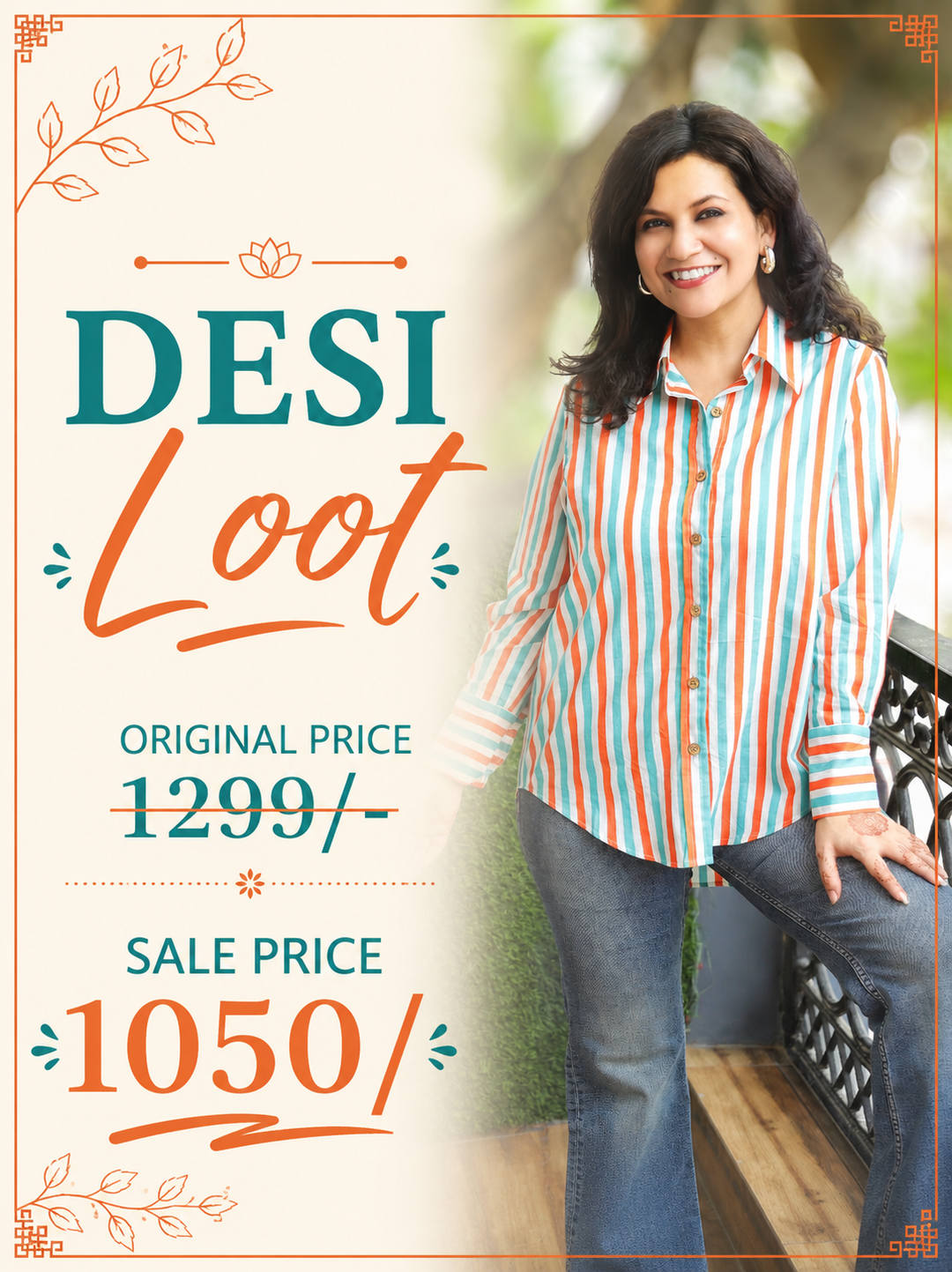 Himani Orange Blue Stripe Print Wood Button Cotton Shirt