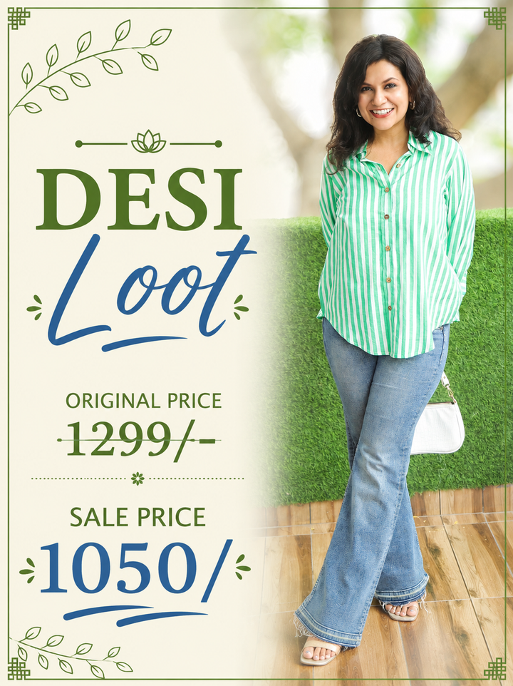 Himani Sea Form Green Stripe Print Wood Button Cotton Shirt