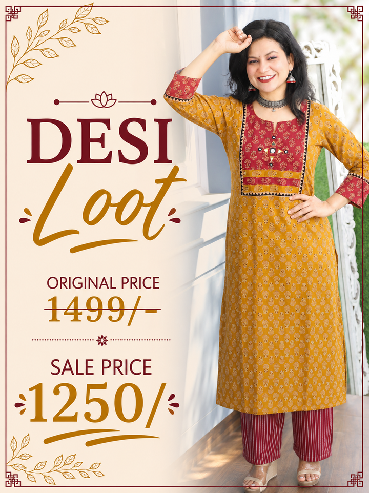 Radhika Mustard Mirror Yoke Ajrakh Printed Cotton Kurti