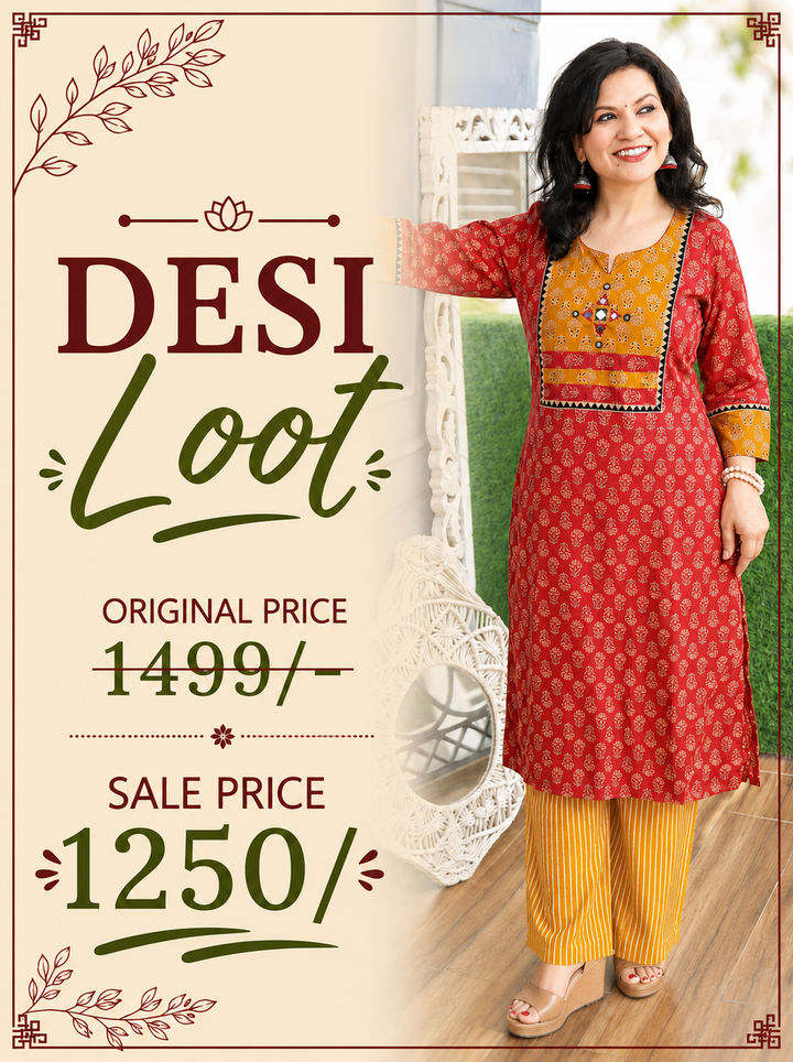 Radhika Apple Red Mirror Yoke Ajrakh Printed Cotton Kurti