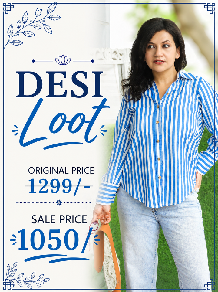 Himani Denim Blue Stripe Print Wood Button Cotton Shirt