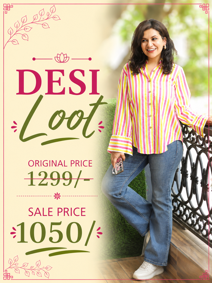 Himani Pink Yellow Stripe Print Wood Button Cotton Shirt