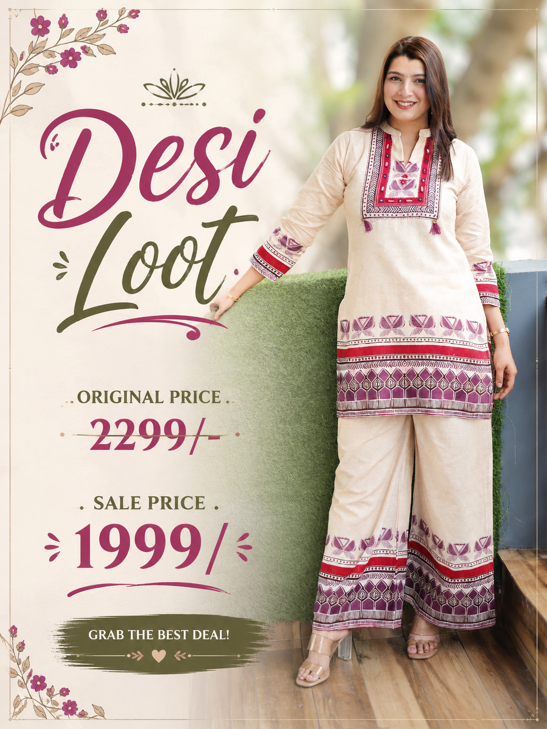 Ella Cream White Digital Printed Cotton Co-ord Set