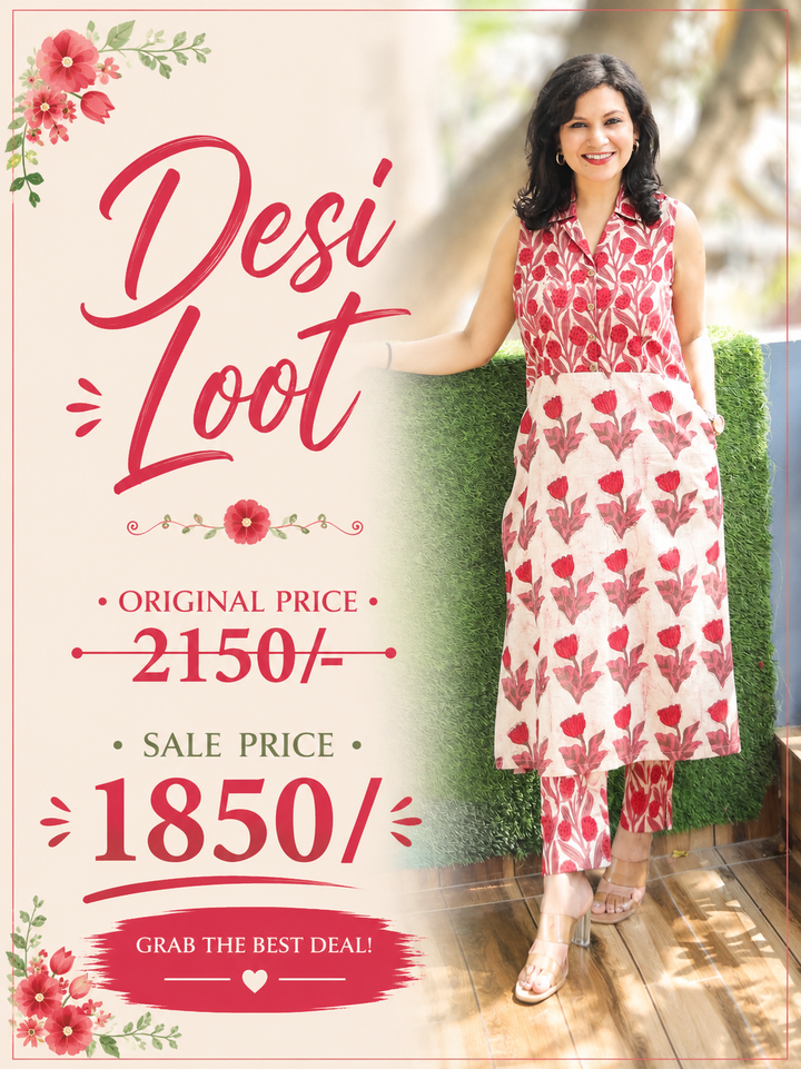 Sayra Beige Red Hand Block Cotton 2 Piece Set