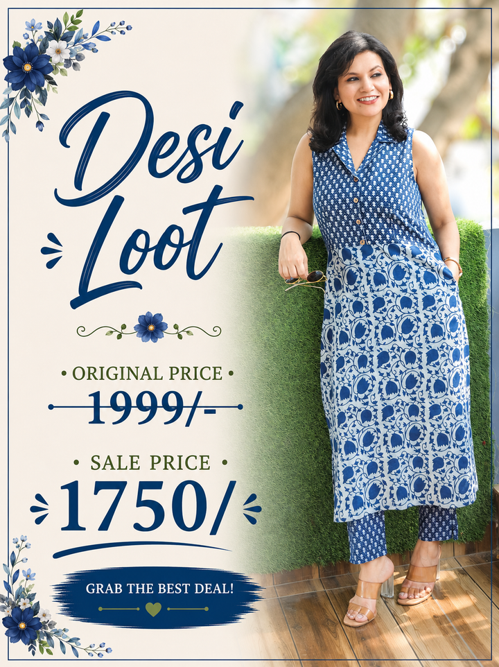 Sayra Indigo Blue Dabu Floral Cotton 2 Piece Set