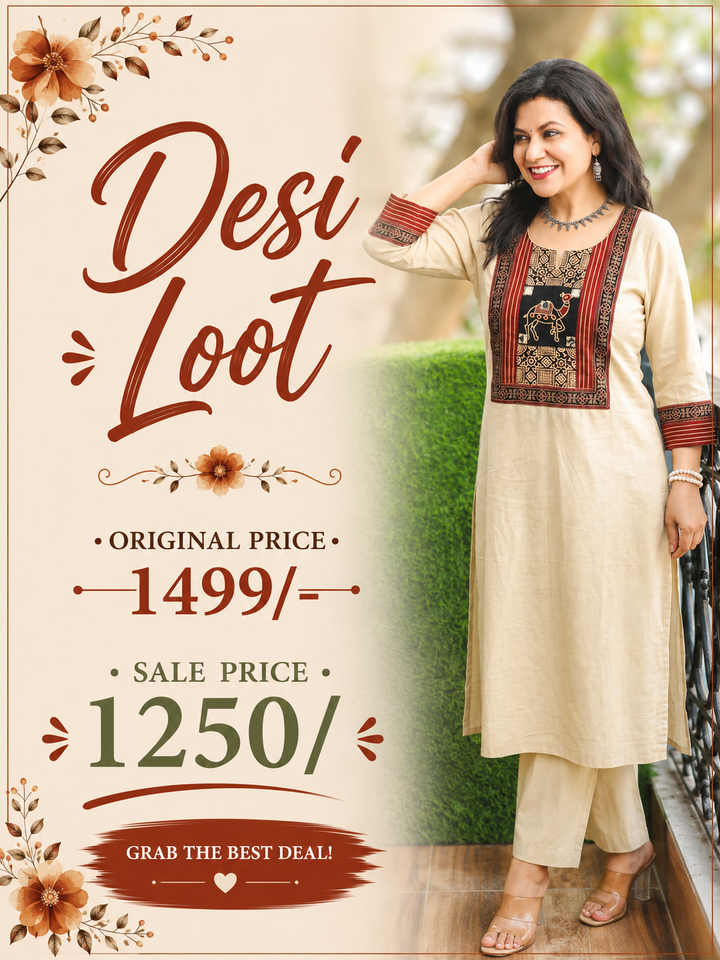 Megha Shell White Mirror Work Camel Yoke Cotton Kurti