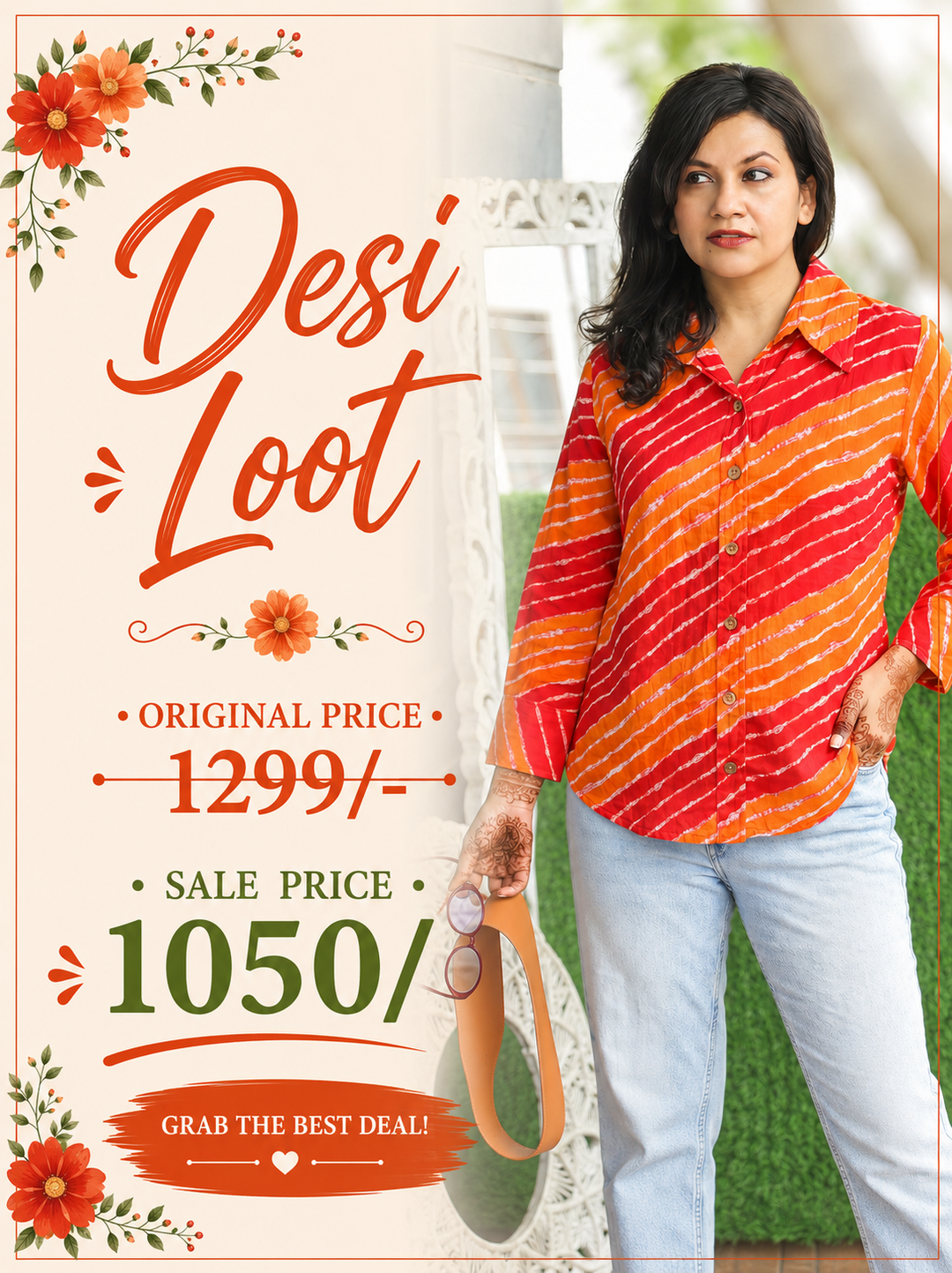 Leher Red Orange Leheriya Print Wood Button Cotton Shirt