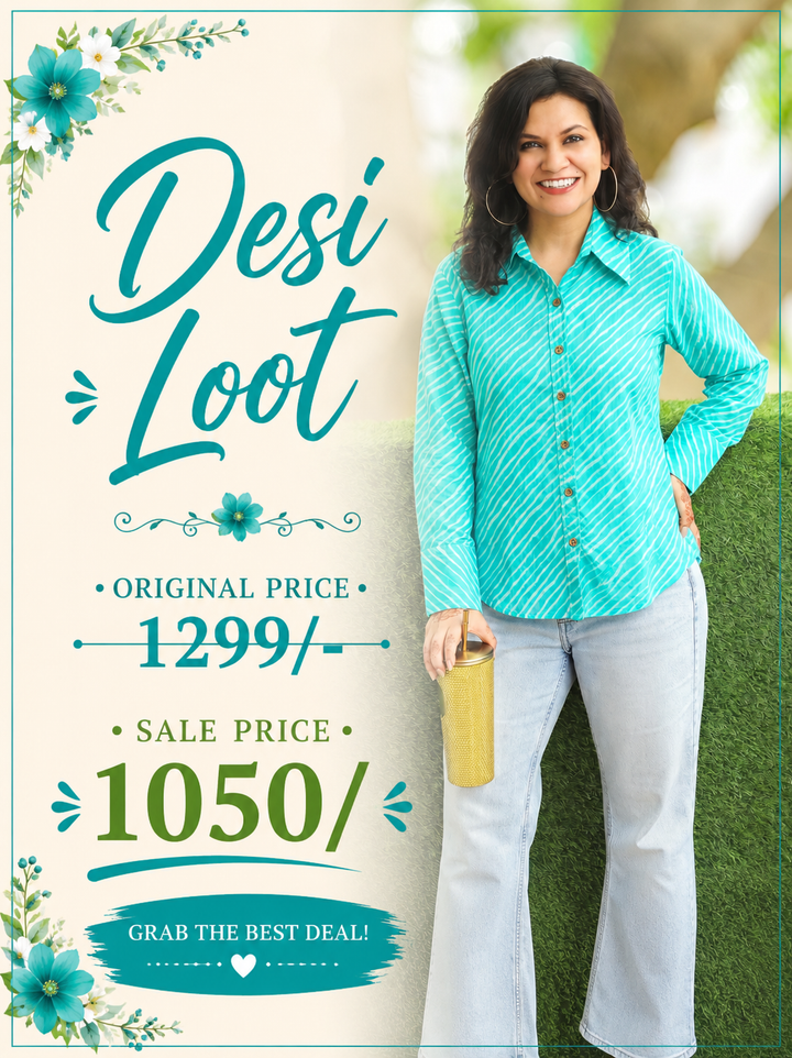 Leher Ocean Aqua Leheriya Print Wood Button Cotton Shirt