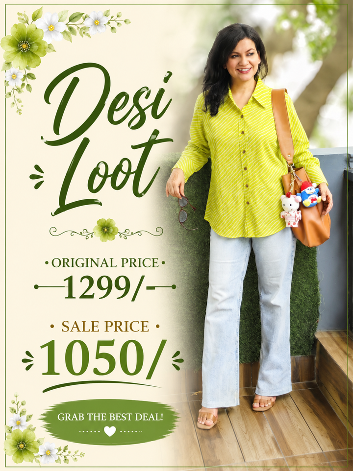 Leher Neon Mint Leheriya Print Wood Button Cotton Shirt