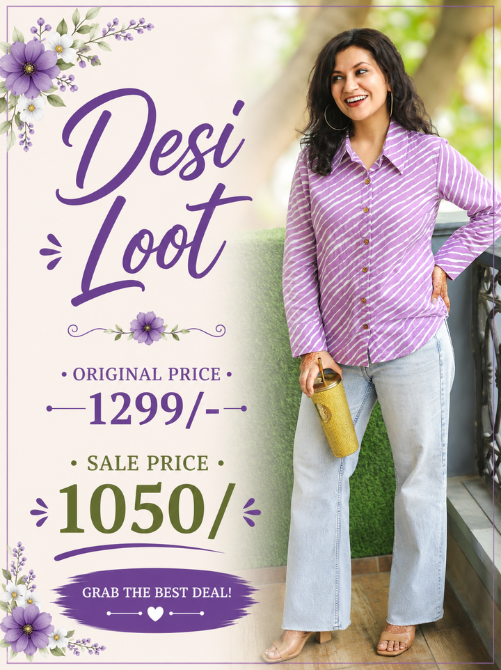 Leher Orchid Lavender Leheriya Print Wood Button Cotton Shirt