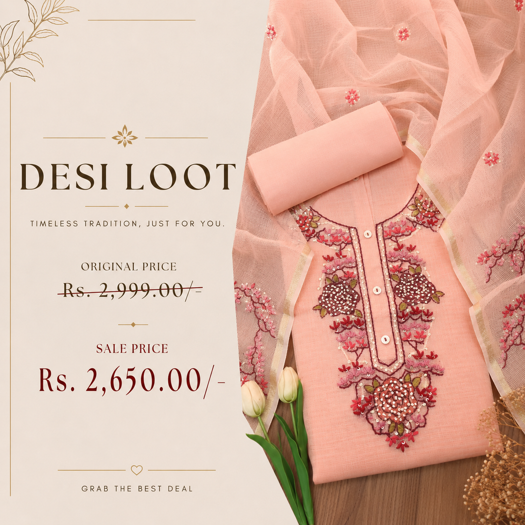 Shivani Pumpkin Peach Kolkata Hand Embriodered Kota Doriya Set