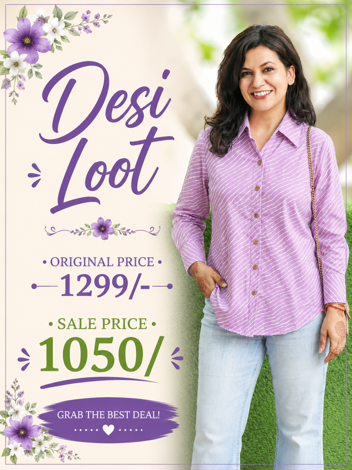 Leher Soft Lilac Leheriya Print Wood Button Cotton Shirt