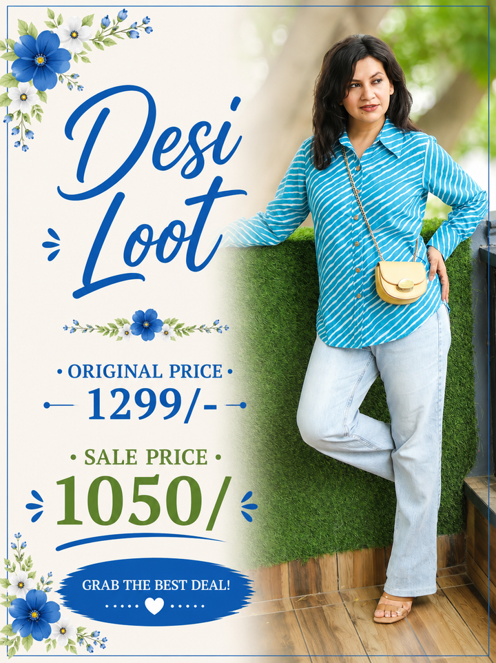 Leher Sky Blue Leheriya Print Wood Button Cotton Shirt
