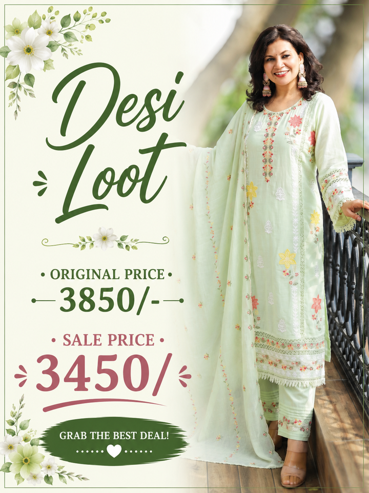 Preet Pista Mint Embroidered Mul Cotton Set