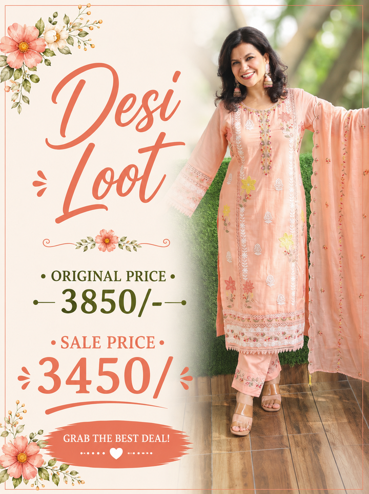 Preet Pestel Peach Embroidered Mul Cotton Set