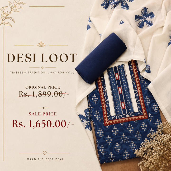 Padma Indigo Blue  Kutch Mirror Dabu Printed Cotton Suit Set D3