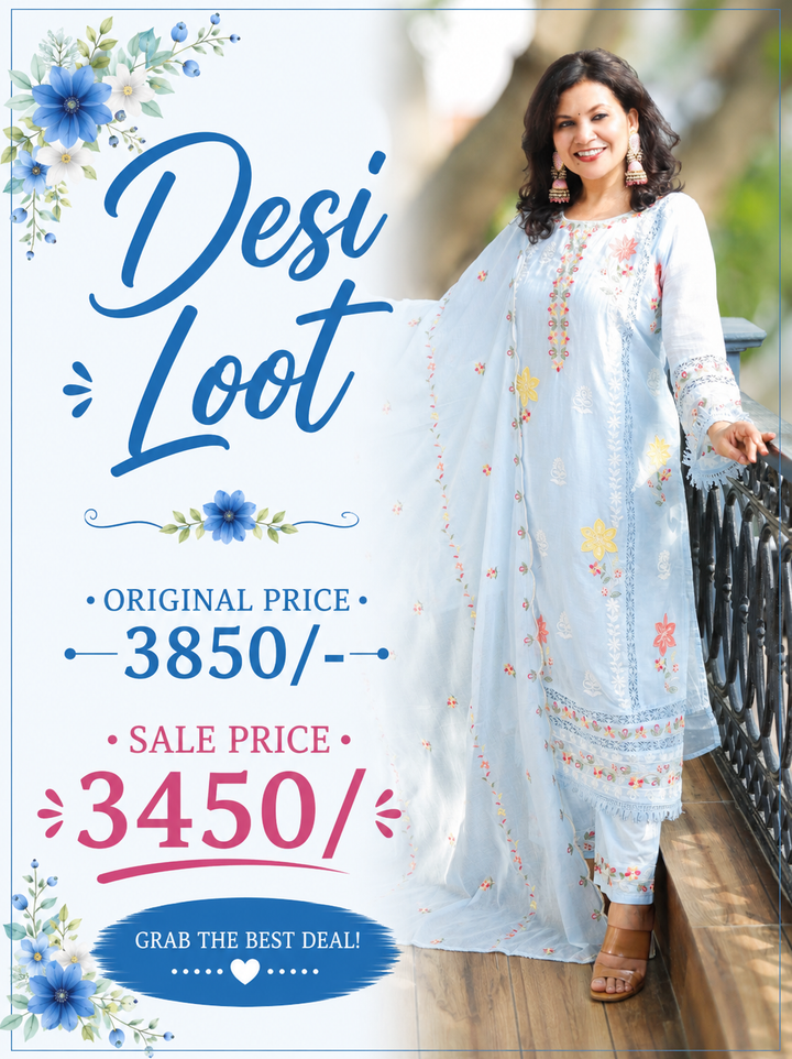 Preet Iced Blue Embroidered Mul Cotton Set
