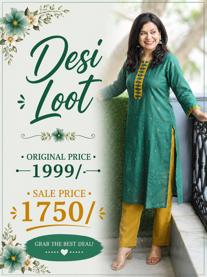Mishthi Green Mirror Work Patch Woven Cotton 2 Piece Set