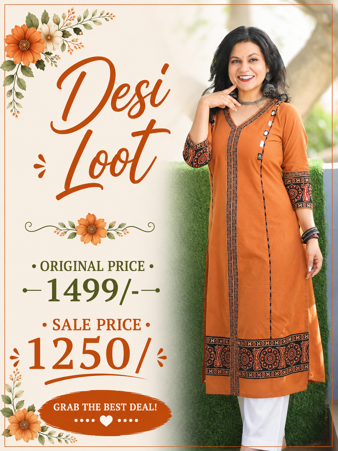Aproova Rust Orange V Neck Patch in Panel Style with Mirror Work Cotton Kurti