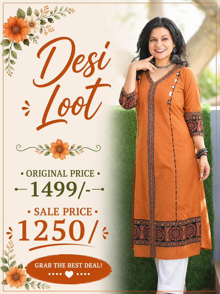 Aproova Rust Orange V Neck Patch in Panel Style with Mirror Work Cotton Kurti