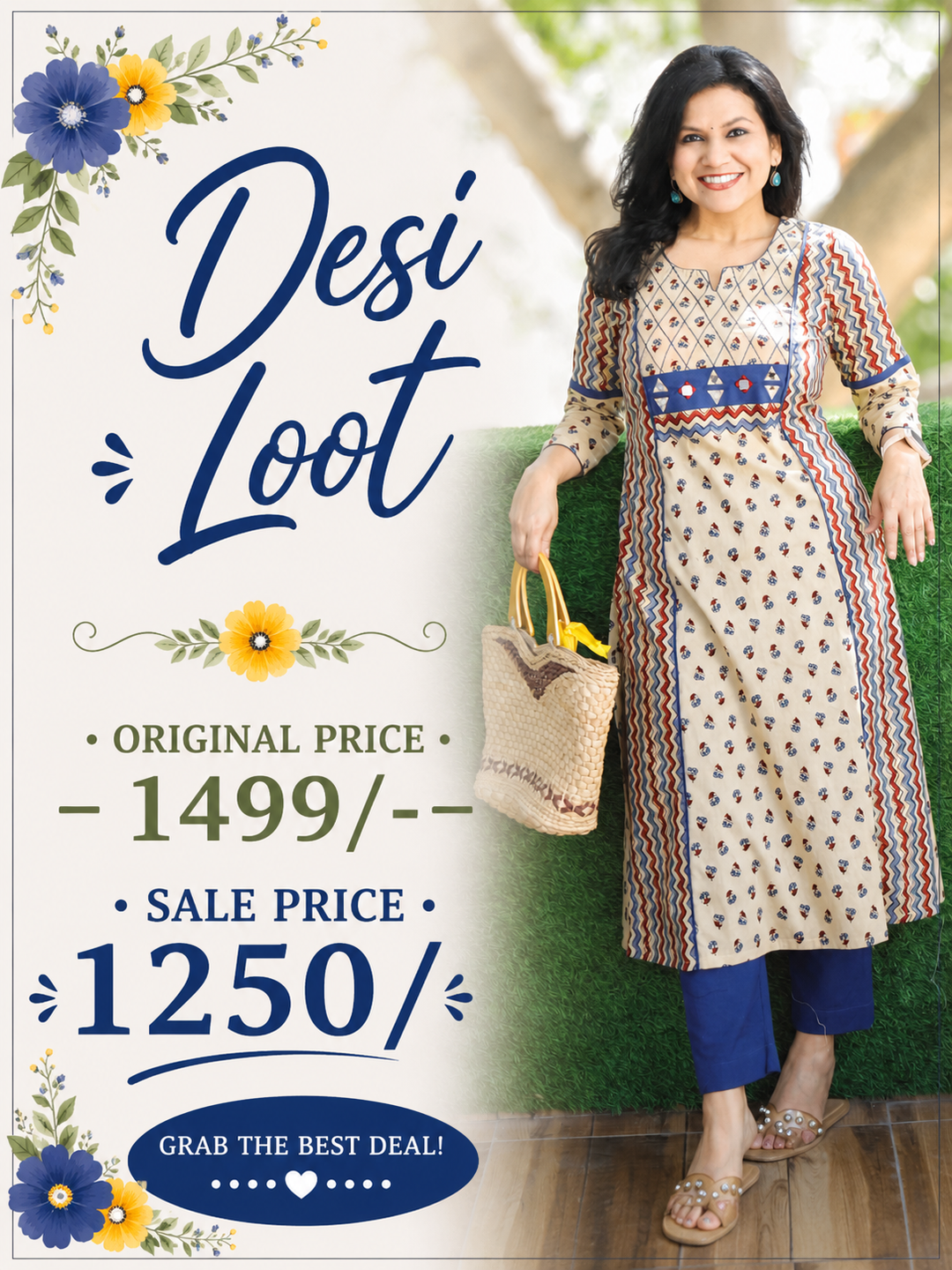 Mehram Beige Block Ajrakh Panel A-Line Cotton Kurti